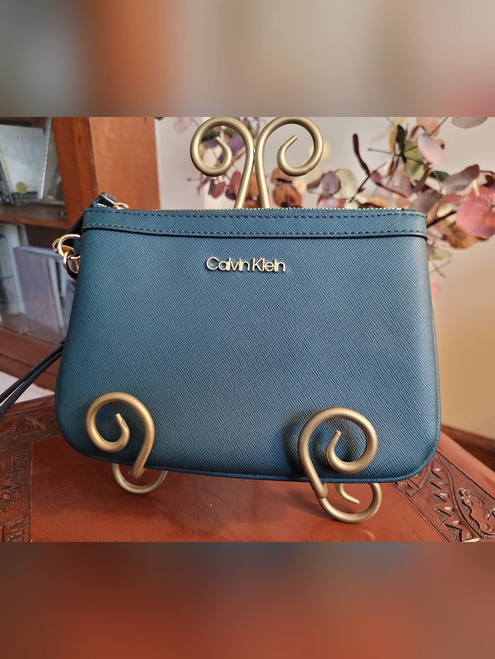 Calvin Klein Saffiano Wristlet Clutch with Gold Hardware
